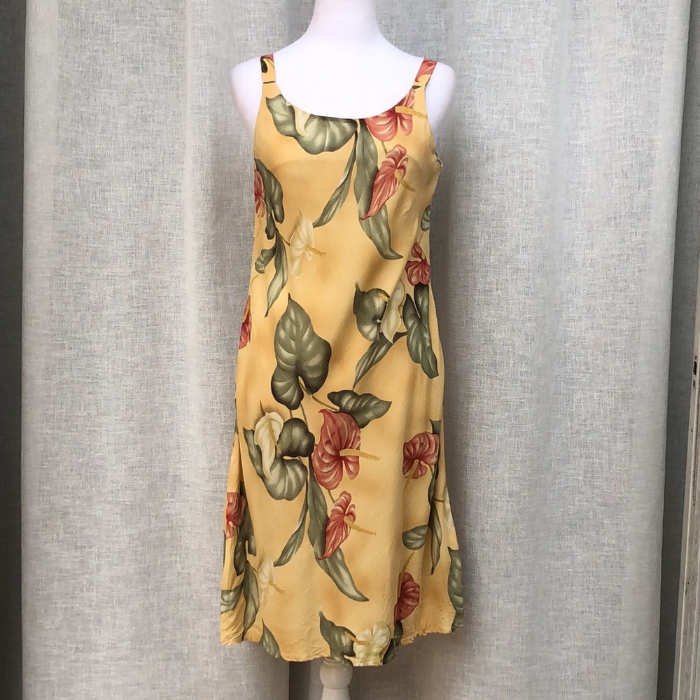 1990’s Young Hawaii tropical yellow floral bias silk sleeveless dress, Sz S